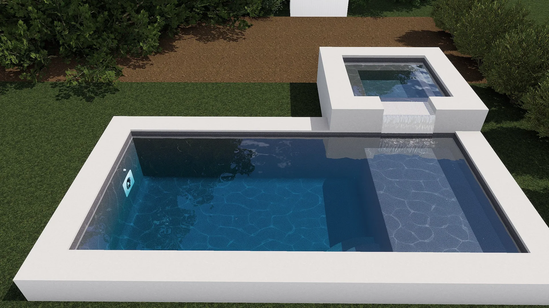 3D rendering of a modern raised pool with elevated spa in Solana Beach