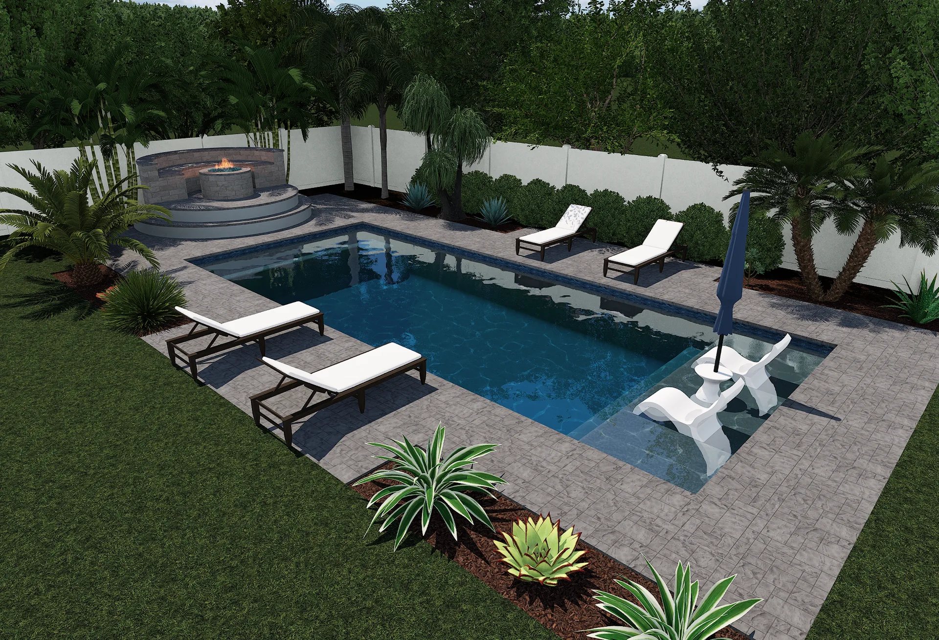 3D rendering of a long rectangular pool with tanning ledge and paver deck