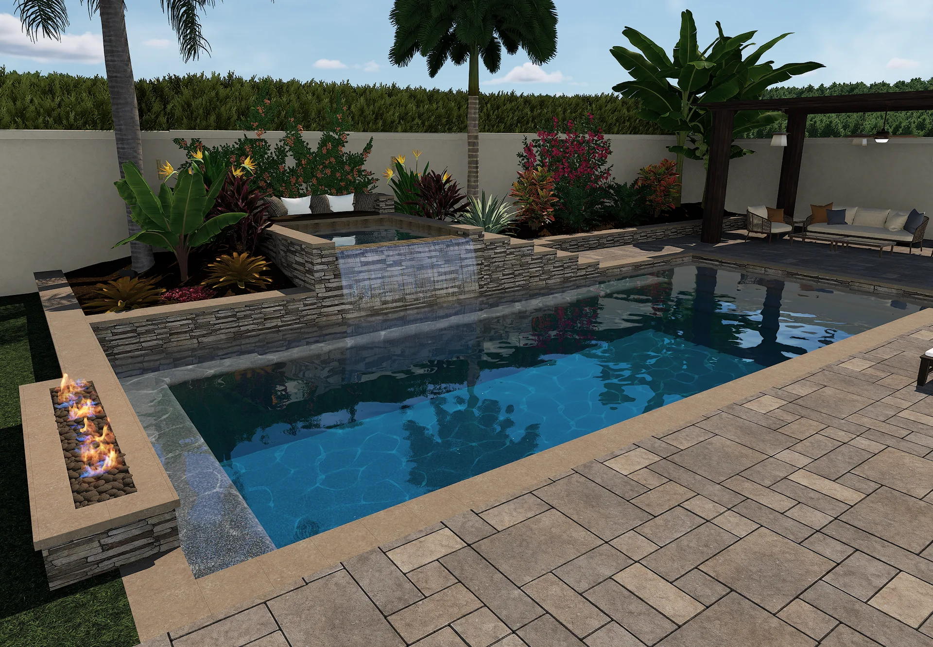 3D rendering of a pool with a raised 7x7 spa and stacked stone spillover