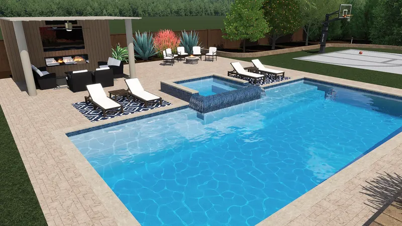 Family Backyard with Pool, Spa and Outdoor Living rendering 2
