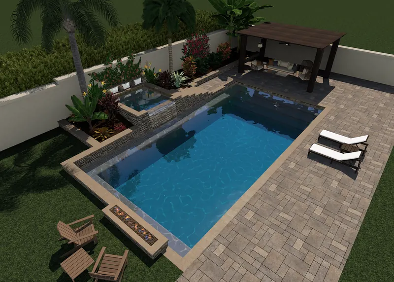 Large pool with raised spa and pergola